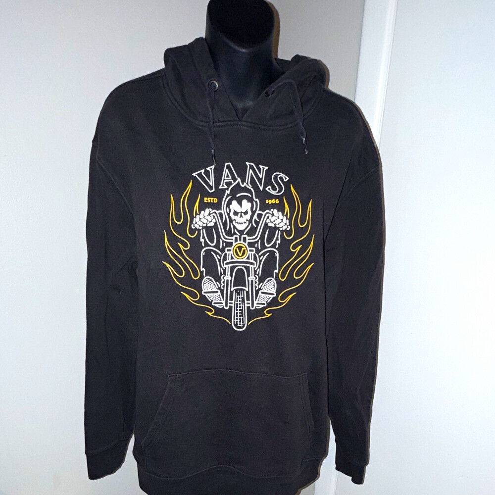 VANS Sweatshirt Black Graphic Skull Reaper Flames Motorcycle Hoodie Medium